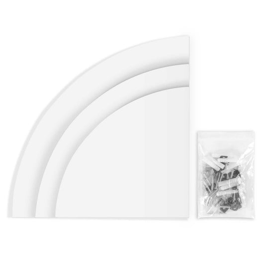 Floating Corner Shelf set of three white curved PVC shelves in graduated sizes, with a bag of mounting hardware.