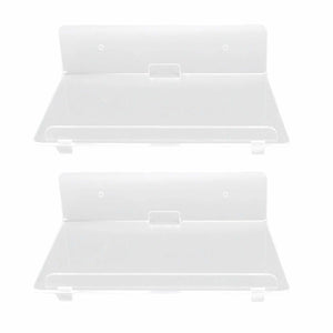 Floating Shelf pair of clear acrylic wall-mounted shelves with raised back panels and front retaining lips