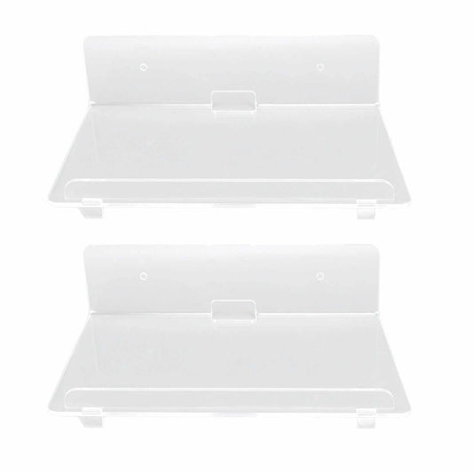 Floating Shelf pair of clear acrylic wall-mounted shelves with raised back panels and front retaining lips