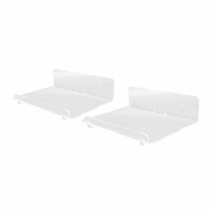 Floating Shelf pair in clear acrylic with smooth rectangular platforms, upright wall-mount backs and raised front lips