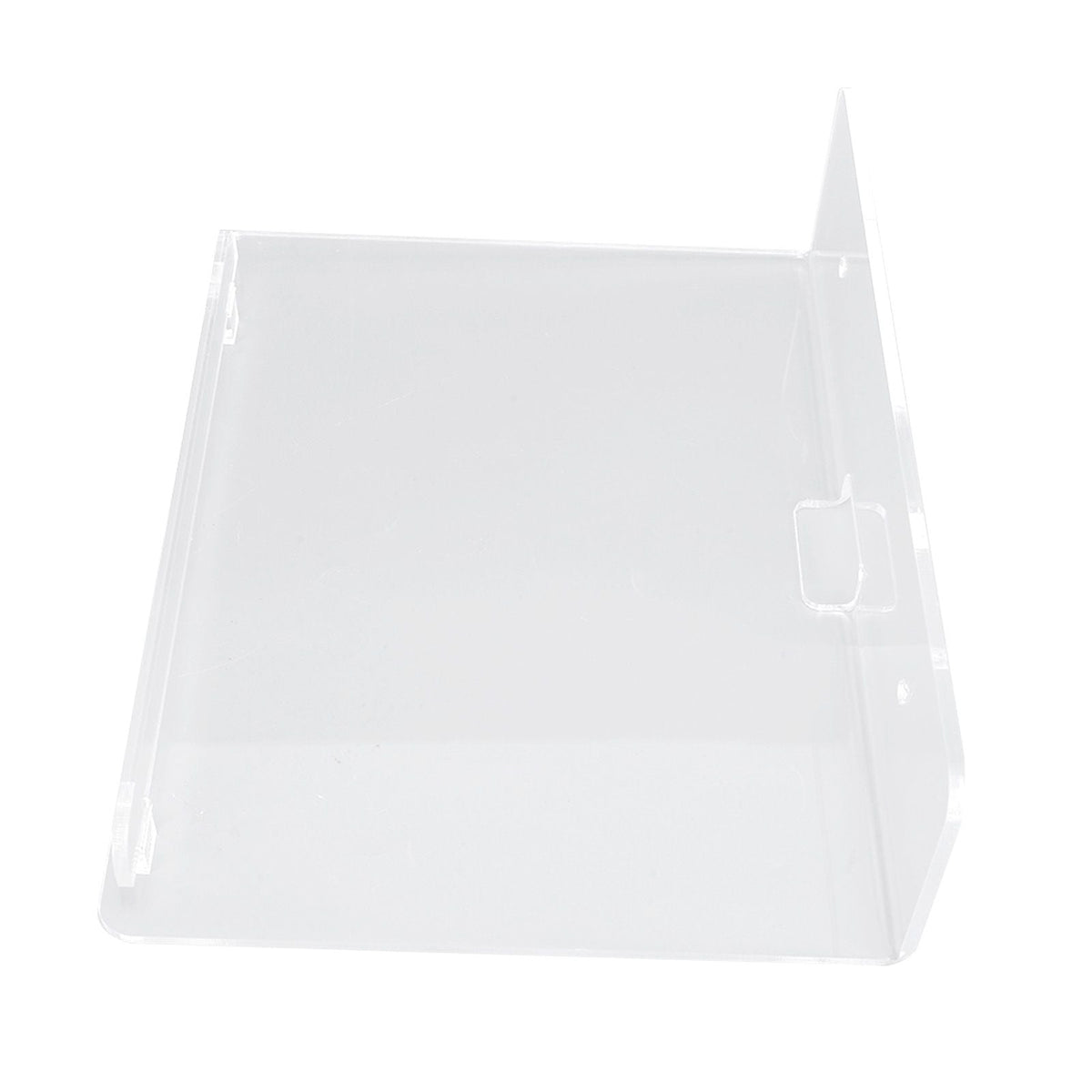 Floating Shelf in clear acrylic with a smooth rectangular platform and raised side supports for wall display