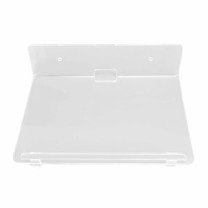 Floating Shelf in clear acrylic with a smooth, angled display surface, raised front lip and wall-mount plate