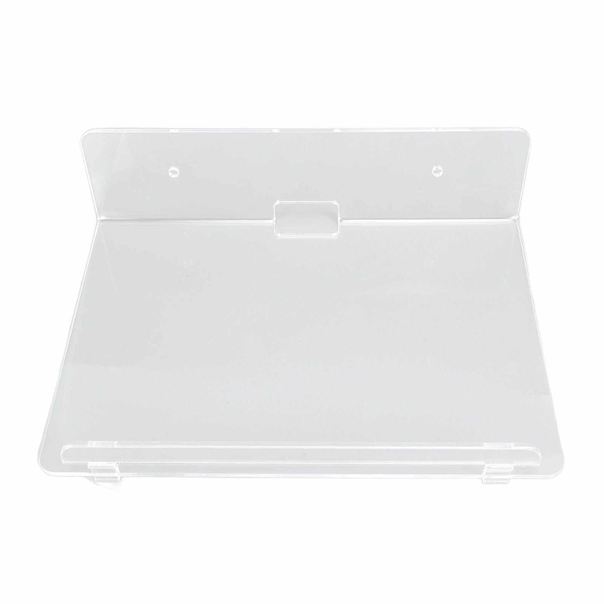 Floating Shelf in clear acrylic with a smooth, angled display surface, raised front lip and wall-mount plate