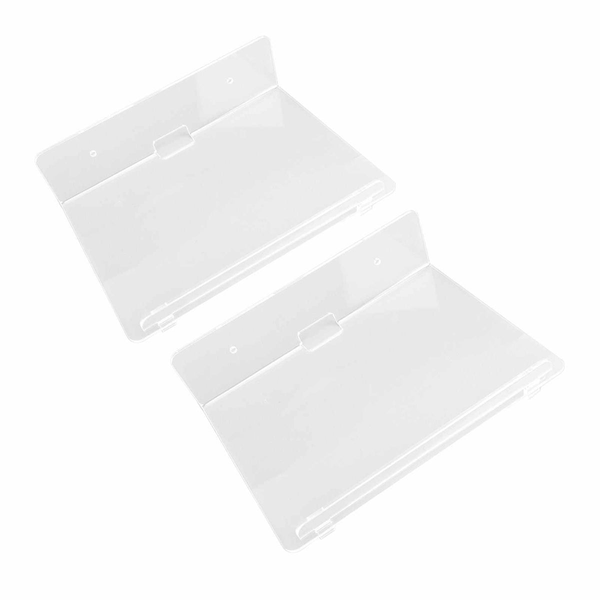 Floating Shelf pair in clear acrylic, each with a slim wall-mount plate, screw holes and raised front edge