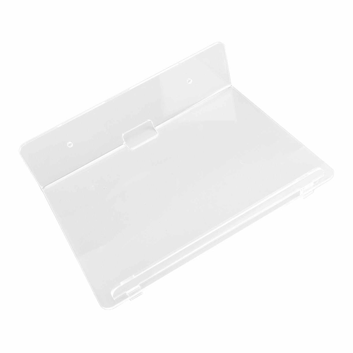 Floating Shelf made from clear acrylic, with a smooth rectangular platform and raised wall-mounting backplate