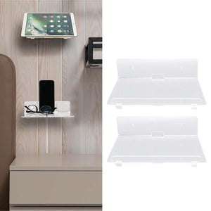 Floating Shelf set of clear acrylic wall-mounted display shelves, shown holding a tablet and small accessories