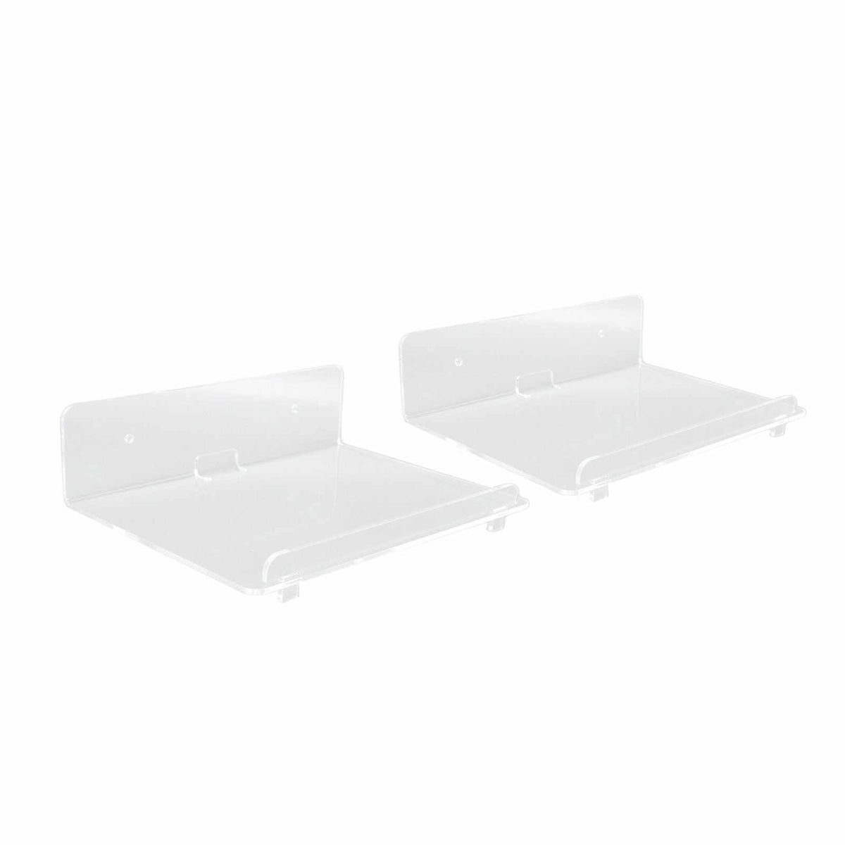 Floating Shelf set of two clear acrylic wall-mounted shelves with raised back plates and front retaining lips