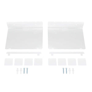 Floating Shelf set with two clear acrylic wall-mounted shelves, mounting plates, adhesive strips and screws