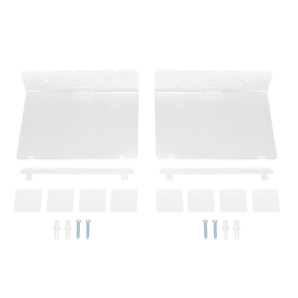 Floating Shelf set with two clear acrylic wall-mounted shelves, mounting plates, adhesive strips and screws