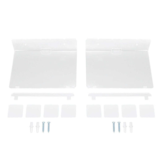 Floating Shelf set with two clear acrylic wall-mounted shelves, mounting plates, adhesive strips and screws