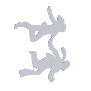Floating Shelf Toilet Paper Holder in silver-toned metal, formed as two playful climbing figures with curved limbs.