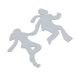 Floating Shelf Toilet Paper Holder accessories shown as two flat silver-gray metal silhouettes of running figures