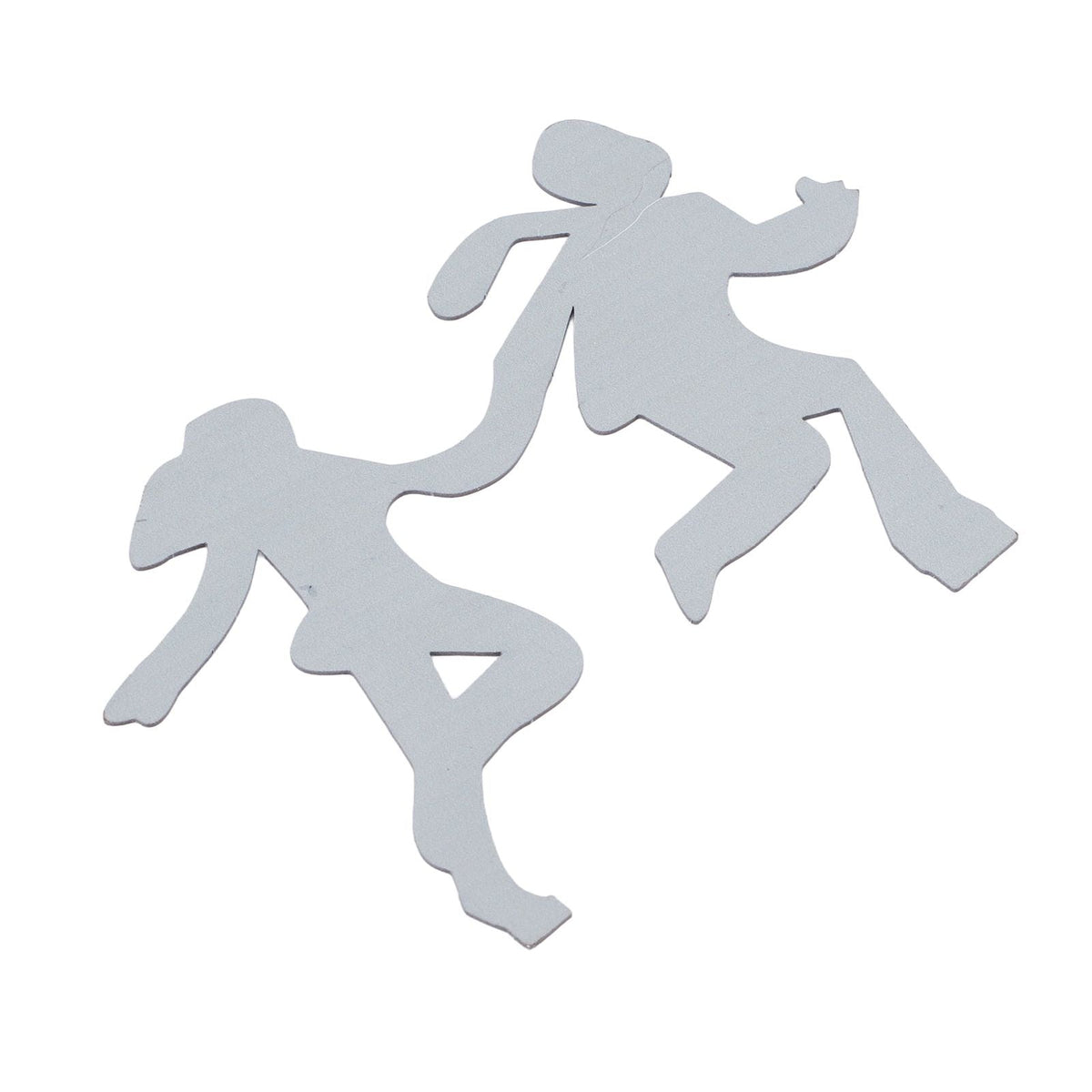 Floating Shelf Toilet Paper Holder accessories shown as two flat silver-gray metal silhouettes of running figures