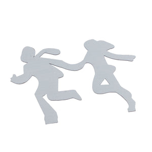 Floating Shelf Toilet Paper Holder appears as a flat silver metal cutout shaped like two running figures, with no visible wood shelf or hooks.