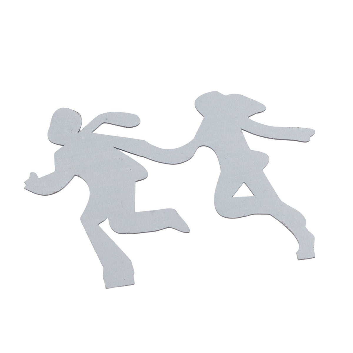 Floating Shelf Toilet Paper Holder appears as a flat silver metal cutout shaped like two running figures, with no visible wood shelf or hooks.