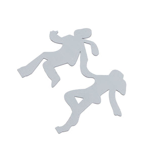 Floating Shelf Toilet Paper Holder is not visible; the image shows two flat silver metal cutouts shaped like running figures.