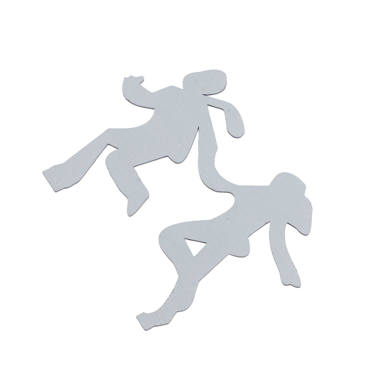 Floating Shelf Toilet Paper Holder is not visible; the image shows two flat silver metal cutouts shaped like running figures.