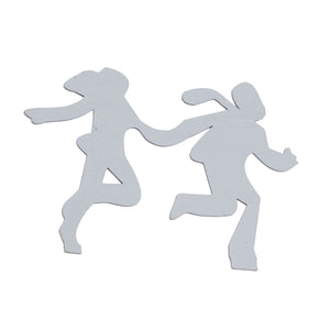 Floating Shelf Toilet Paper Holder formed as a flat silver metal silhouette of two running figures, with no visible wood shelf