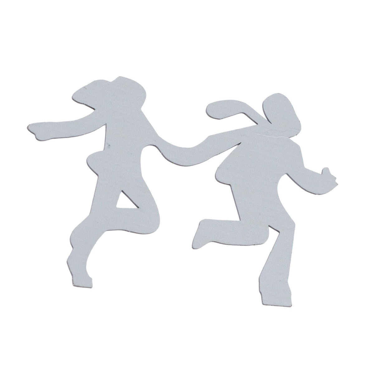 Floating Shelf Toilet Paper Holder formed as a flat silver metal silhouette of two running figures, with no visible wood shelf