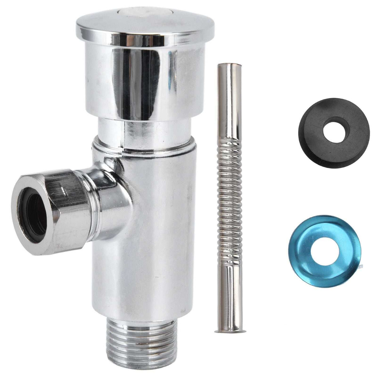 Flush Valve with Hand Push Button in polished silver metal, with cylindrical body, side outlet, and included fittings