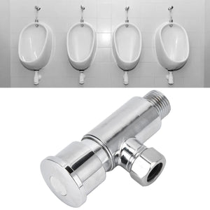 Flush Valve with Hand Push Button, polished silver metal valve with a round push button and threaded fittings