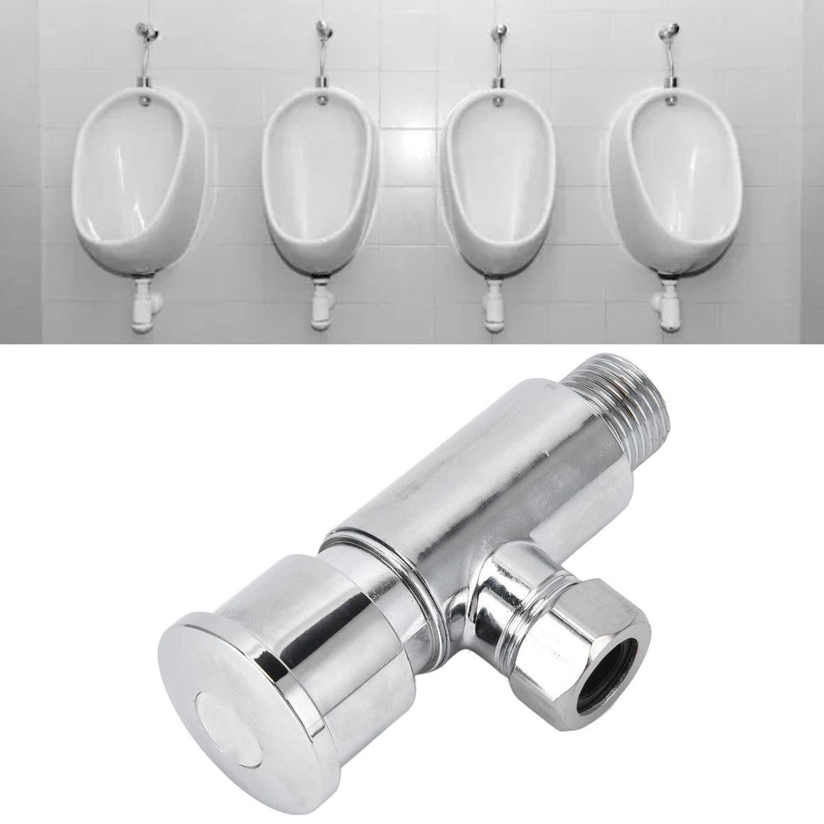 Flush Valve with Hand Push Button, polished silver metal valve with a round push button and threaded fittings