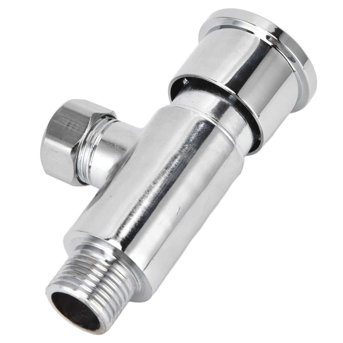 Flush Valve with Hand Push Button in polished silver metal, featuring a cylindrical body, threaded outlet and wide push cap