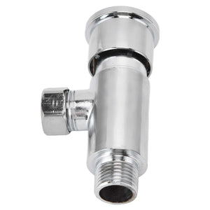 Flush Valve with Hand Push Button in polished silver metal, with a cylindrical body, threaded fitting and side push control