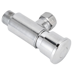 Flush Valve with Hand Push Button in polished silver metal, featuring a cylindrical body, threaded connector and round push button