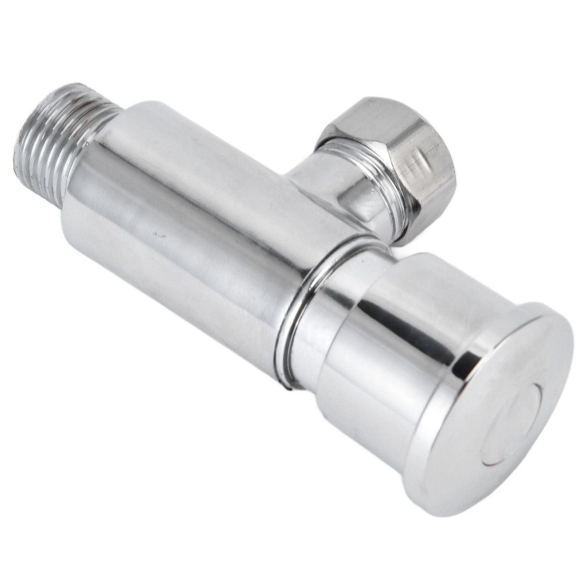 Flush Valve with Hand Push Button in polished silver metal, featuring a cylindrical body, threaded connector and round push button