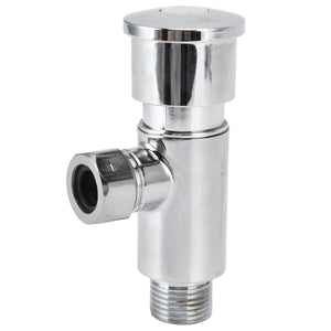 Flush Valve with Hand Push Button in polished silver metal, featuring a wide round push cap and threaded outlet