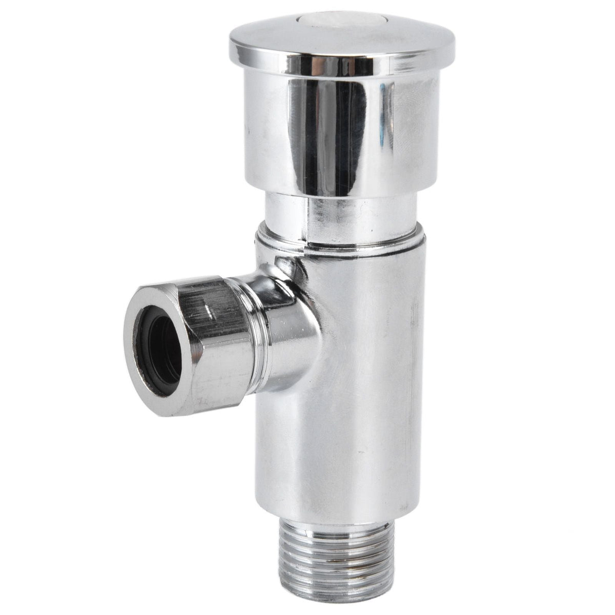 Flush Valve with Hand Push Button in polished silver metal, featuring a wide round push cap and threaded outlet