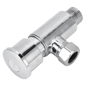 Flush Valve with Hand Push Button in polished silver metal, featuring a round push button, threaded inlet and side outlet