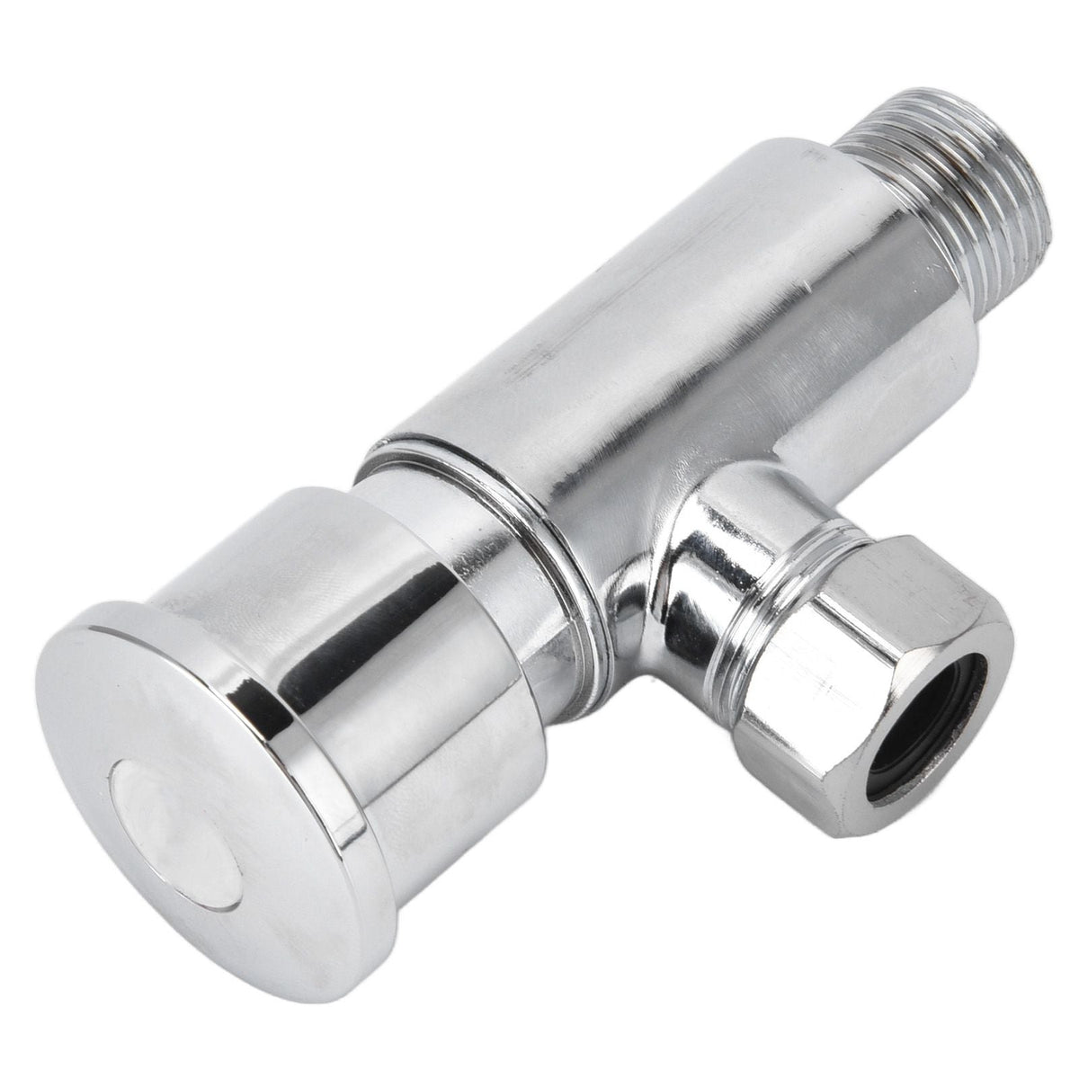 Flush Valve with Hand Push Button in polished silver metal, featuring a round push button, threaded inlet and side outlet