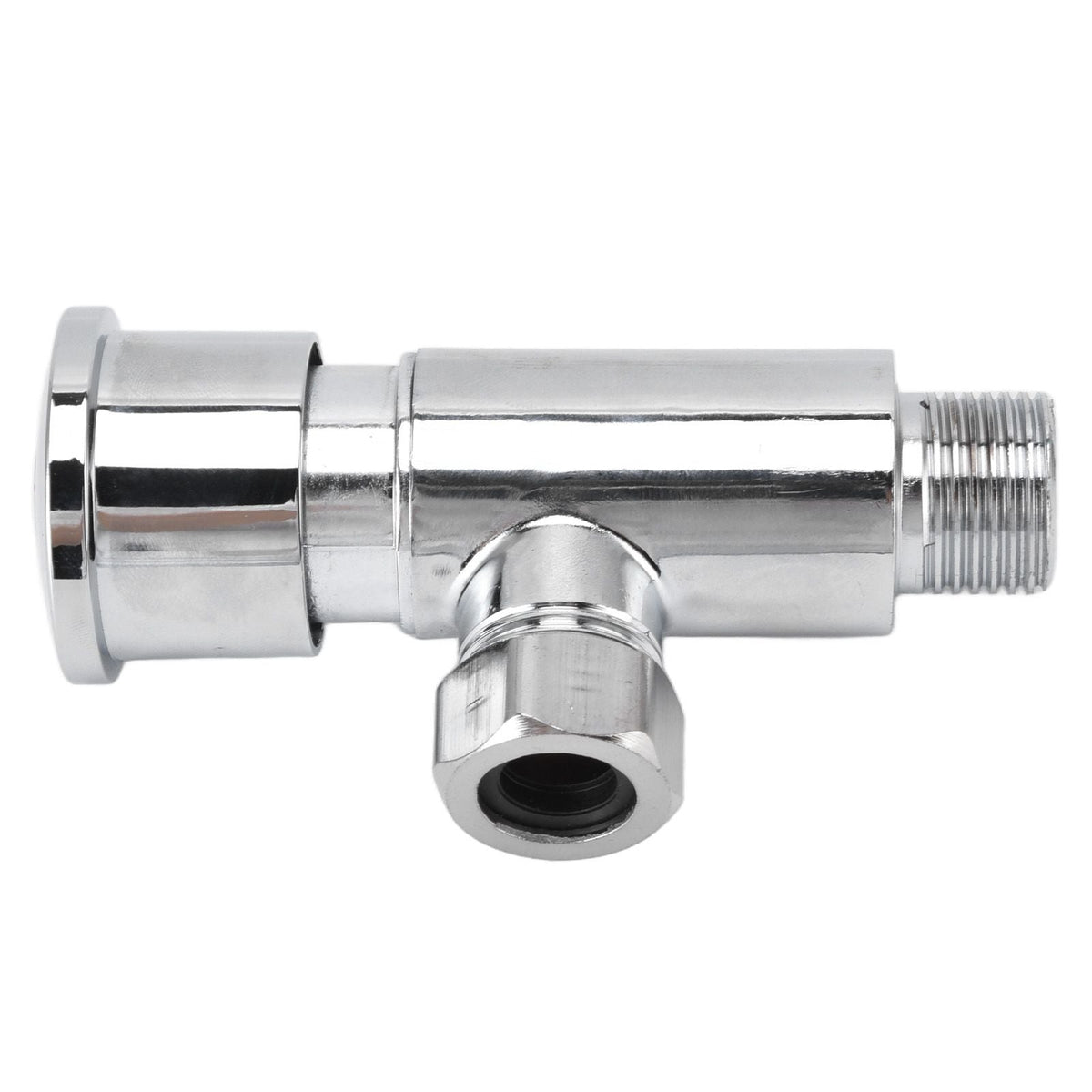 Flush Valve with Hand Push Button in polished silver metal, featuring a cylindrical body, wide push cap and threaded fitting.