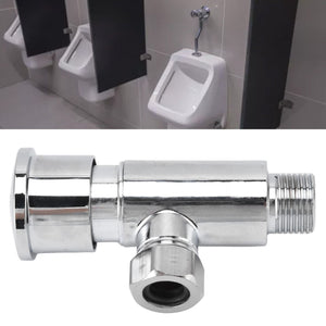 Flush Valve with Hand Push Button, polished silver metal body with a cylindrical push control and threaded outlet