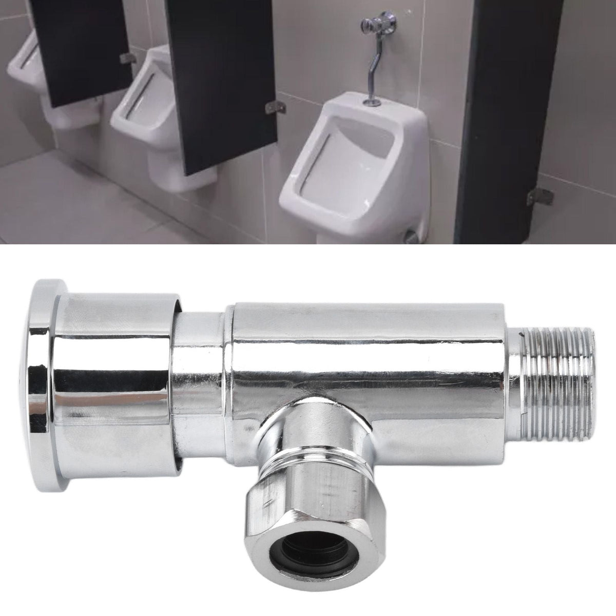 Flush Valve with Hand Push Button, polished silver metal body with a cylindrical push control and threaded outlet