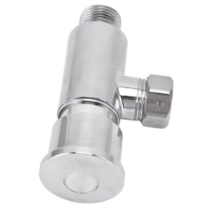 Flush Valve with Hand Push Button in polished silver metal, featuring a cylindrical body, threaded top, and side control