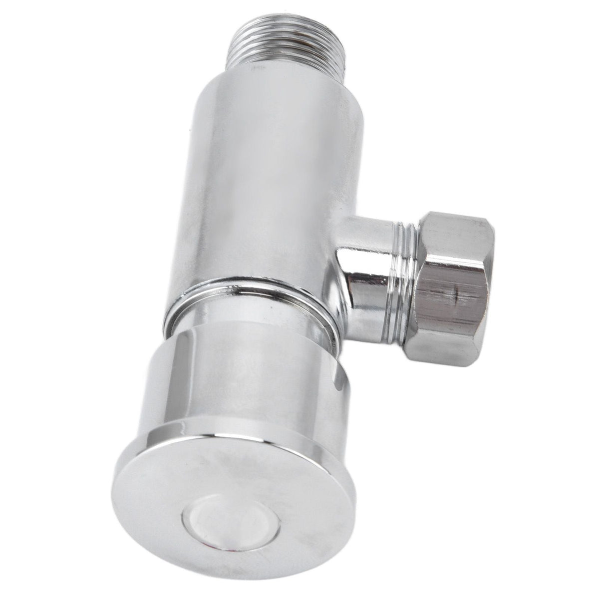 Flush Valve with Hand Push Button in polished silver metal, featuring a cylindrical body, threaded top, and side control