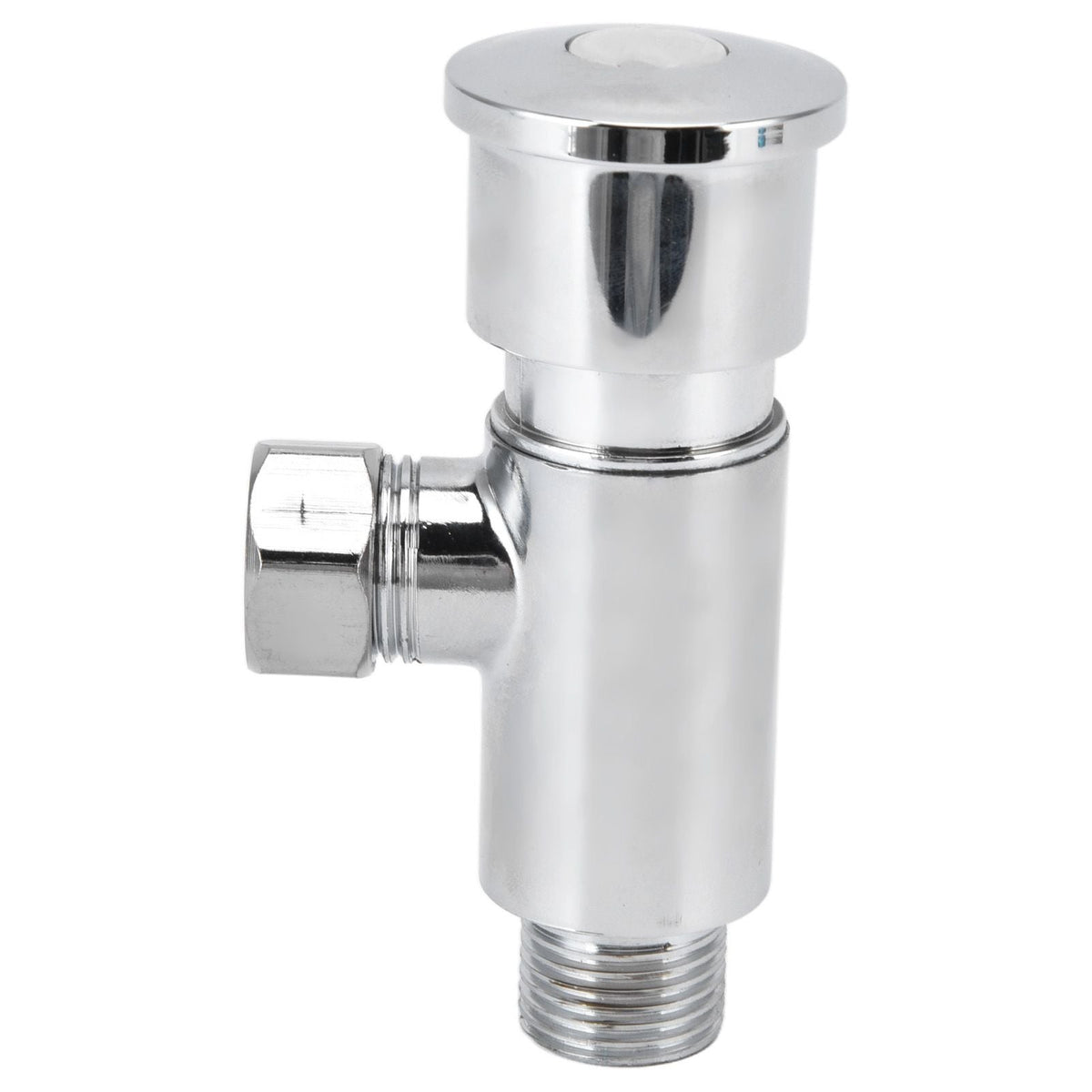 Flush Valve with Hand Push Button in polished silver metal, featuring a cylindrical body, top push button and threaded outlet