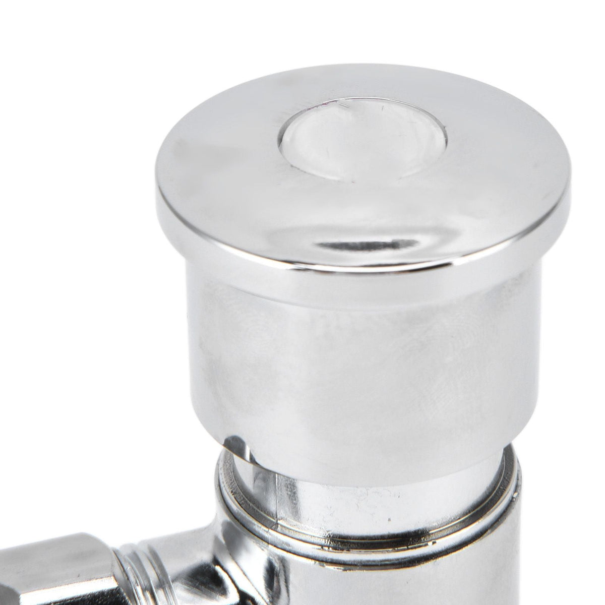 Flush Valve with Hand Push Button in polished silver metal, featuring a wide round push top and cylindrical valve body