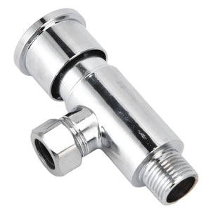 Flush Valve with Hand Push Button in polished silver metal, featuring a cylindrical push top and threaded pipe fittings