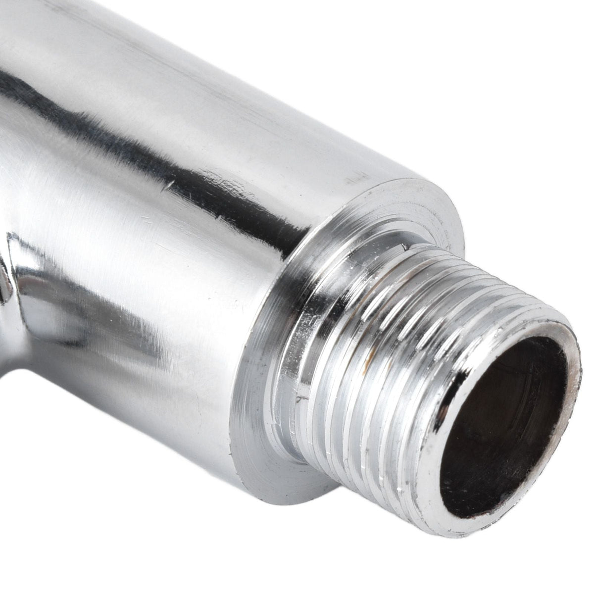 Flush Valve with Hand Push Button, polished silver metal tube with a threaded G1/2 fitting and dark opening