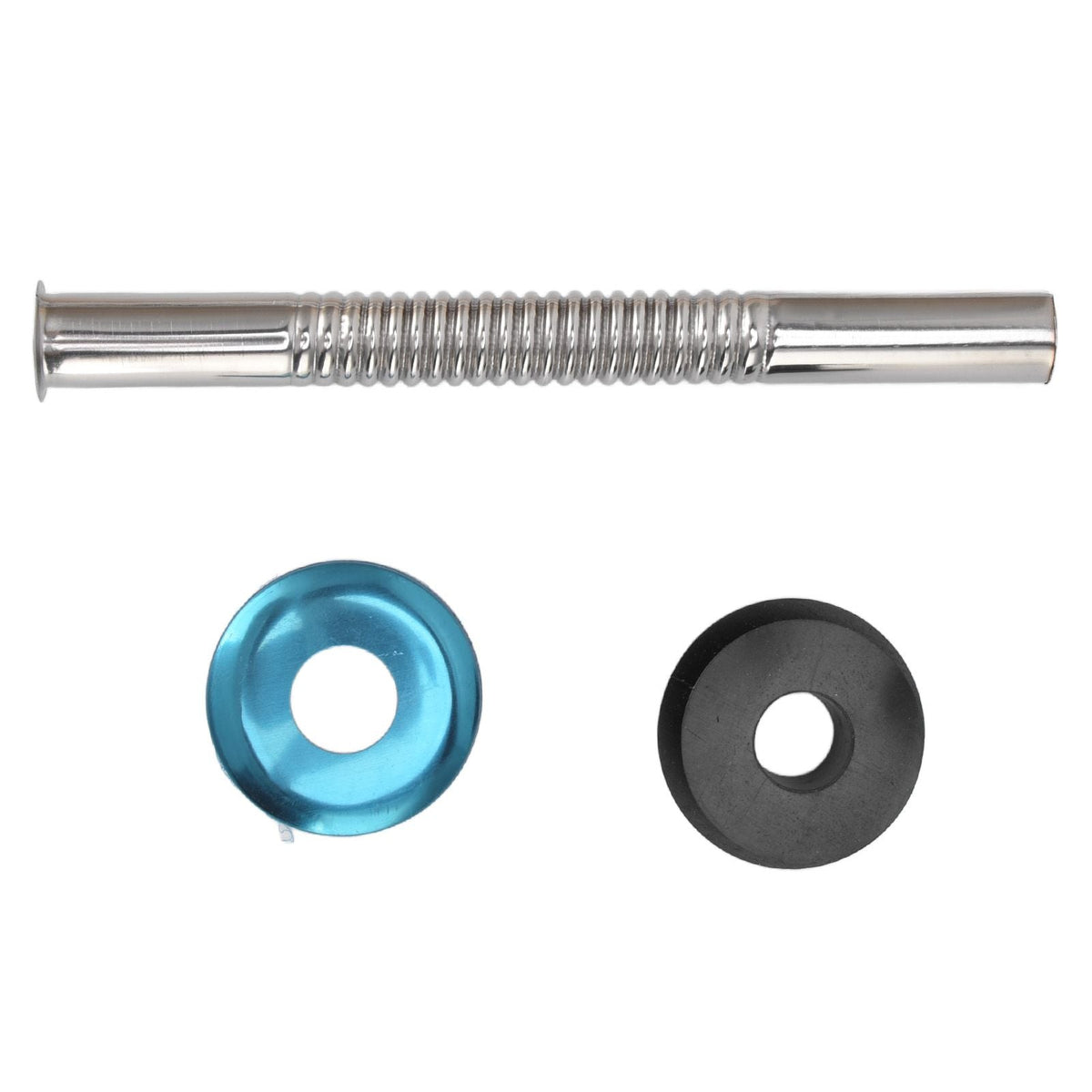 Flush Valve with Hand Push Button replacement kit with a silver corrugated tube, blue metal cover and black rubber seal