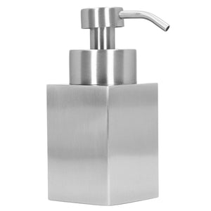 Foaming Soap Dispenser in brushed silver stainless steel with a square body and curved metal pump nozzle