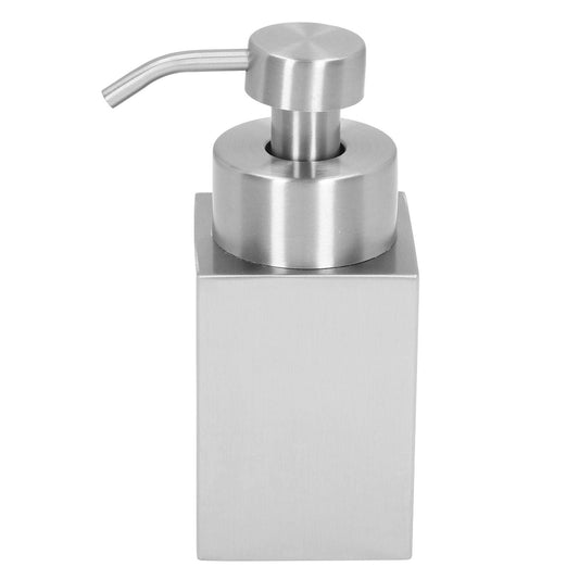Foaming Soap Dispenser with a brushed silver stainless steel body and curved pump nozzle in a sleek rectangular design