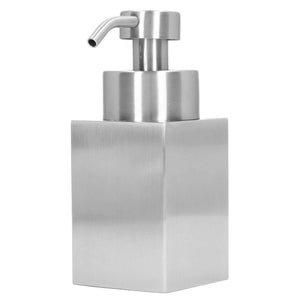 Foaming Soap Dispenser with a brushed silver stainless steel rectangular body and curved metal pump nozzle