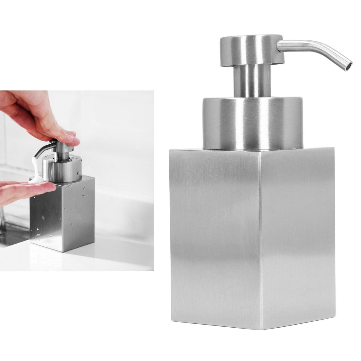 Foaming Soap Dispenser with a brushed silver stainless steel rectangular body and a curved metal pump nozzle