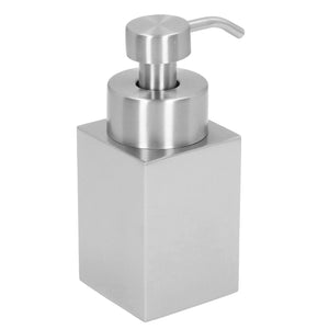 Foaming Soap Dispenser with a brushed silver stainless steel rectangular body and rounded metal pump with curved nozzle