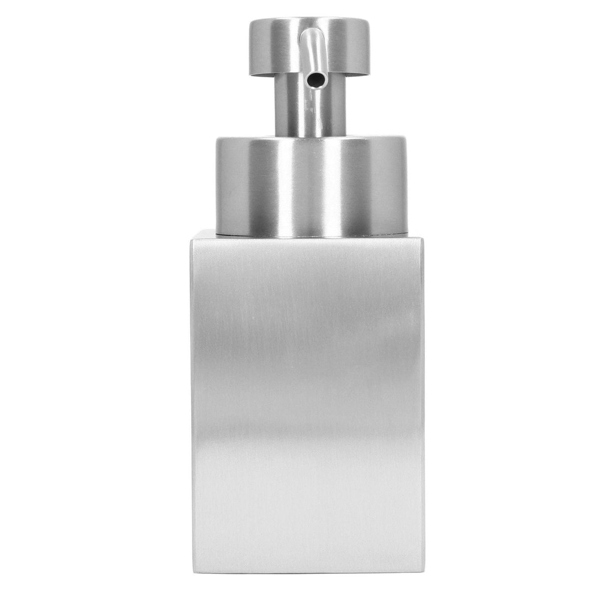 Foaming Soap Dispenser with a brushed silver stainless steel rectangular body and matching metal pump head